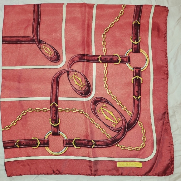 CARTIER silk scarf muffler red must de ladies - Picture 13 of 14